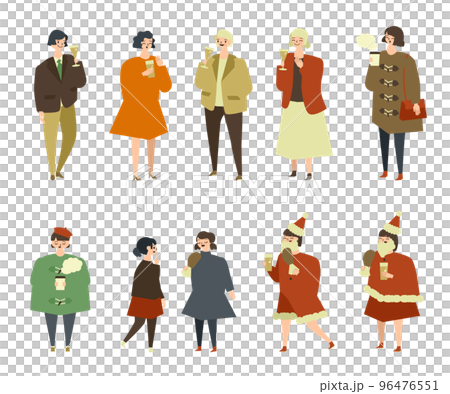 Illustration of winter people eating and drinking Illustration of winter people eating and drinking 96476551