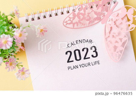 A 2023 calendar desk for the organizer to plan and reminder with paper butterfly on yellow background. 96476635
