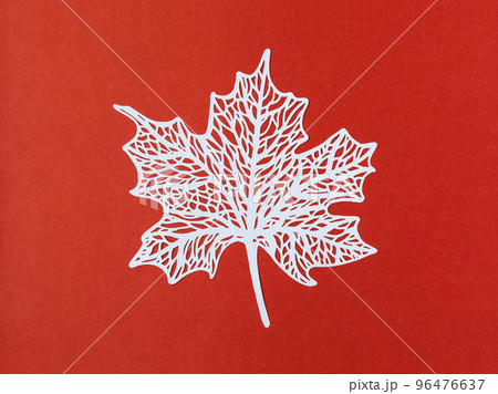 A carve of white paper maple leaves on a red background. 96476637