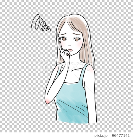 A young woman who puts her hand on her face with a troubled face 96477141