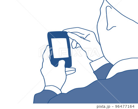 スマホで写真を撮る人物の後ろ姿（手元アップ）のシンプルなイラスト。SNSや撮影のコンセプト 96477164