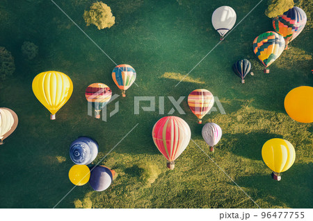 Flying hot air balloons, a drone flight illustration 96477755