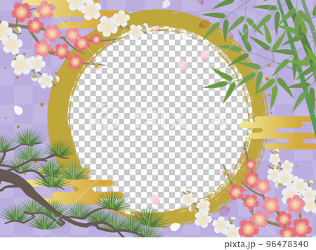 Japanese-style frame with pine, bamboo, plum and brush strokes_purple Japanese-style frame with pine, bamboo, plum and brush strokes_purple 96478340