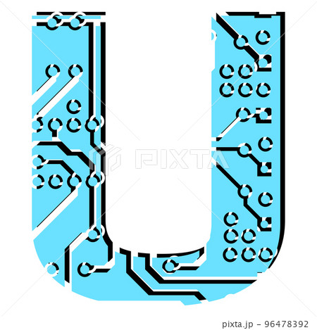 Latin digital letter U perforated with PCB circuit board tracks isolated on white. Colored capital initial letter for headlines of modern digital world. Design element. Latin digital letter U perforated with PCB circuit board tracks isolated on white. Colored capital initial letter for headlines of modern digital world. Design element. 96478392