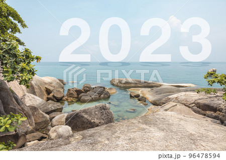 Sea landscape with rocks in the foreground and sky in 2023 background. Therapeutic natural scenery gives a feeling of relaxation. At Koh Samui, Surat Thani Province, Thailand. 96478594