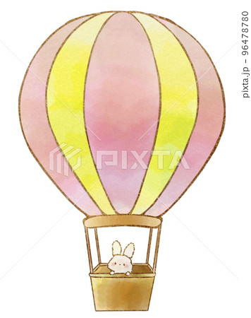 イラスト素材:気球に乗っているうさぎ(手描き水彩風)のイラスト素材