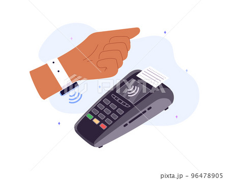 Paying with smart watch and online payment terminal, flat vector isolated. 96478905