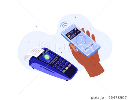 Contactless NFC payment process, flat vector illustration isolated on white background. 96478907