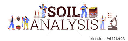 Soil analysis typographic header, scientists working in laboratory, flat vector illustration isolated on white. 96478908