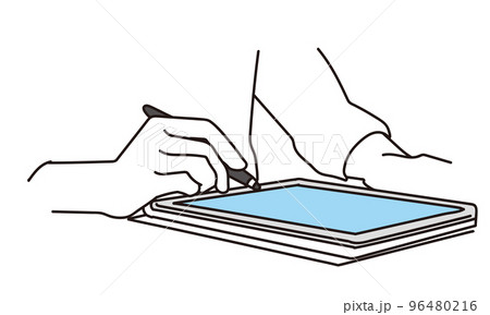 タブレットにサインをする女性の手元 96480216