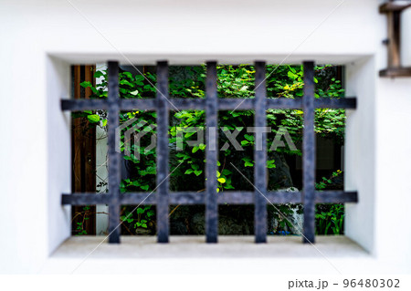 白壁の格子の奥の日本庭園 96480302