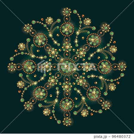Jewellery luxury mandala with round motifs. Ornament made of gold jewelry chains, green gems, rhinestones, ball beads in vintage style. For prints, poster, cover, textile, surface design. 96480372
