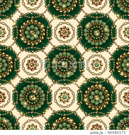 Seamless geometric pattern with round jewelry ornaments in staggered manner. Gold elements with green gems. Vintage style. Good for clothing, apparel, fabric, textile, surface design. 96480373