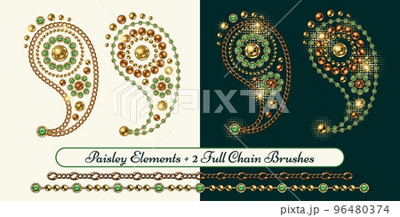Paisley ornament in vintage style. Jewelry element made of gold, copper ball beads, chains, green rhinestones, gems on white and green background. Vector illustration. Two chain pattern brushes extra 96480374