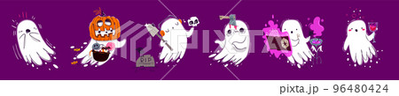 Set of cute Halloween ghosts on background Set of cute Halloween ghosts on background 96480424