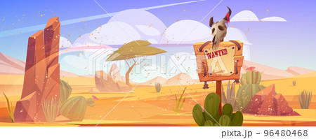 Sand storm in wild west desert with wanted sign Sand storm in wild west desert with wanted sign 96480468