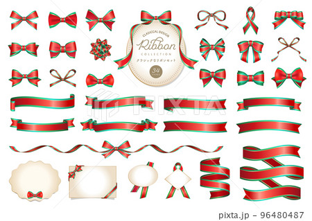 クラシックなリボンのあしらいとフレームのベクターイラストセット クリスマスカラー / アイコン、 クラシックなリボンのあしらいとフレームのベクターイラストセット クリスマスカラー / アイコン、 96480487