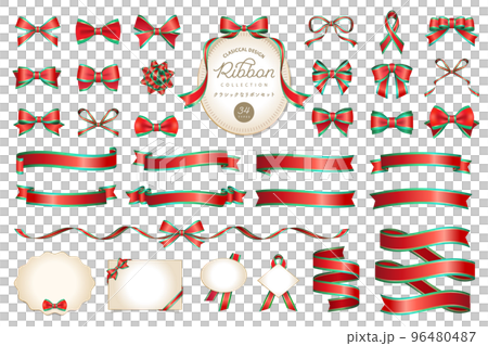クラシックなリボンのあしらいとフレームのベクターイラストセット クリスマスカラー / アイコン、 クラシックなリボンのあしらいとフレームのベクターイラストセット クリスマスカラー / アイコン、 96480487