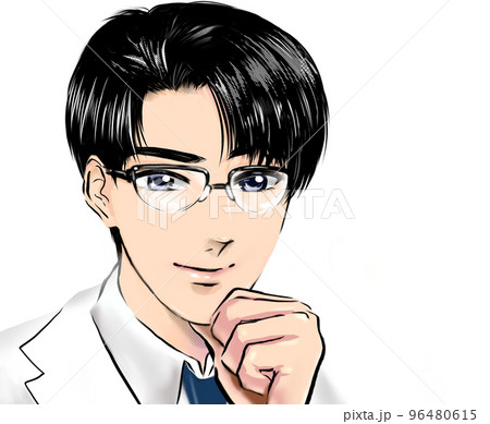 爽やか黒髪イケメンメガネ医師が静かに患者の話を聞くカラー漫画イラストと白背景 爽やか黒髪イケメンメガネ医師が静かに患者の話を聞くカラー漫画イラストと白背景 96480615