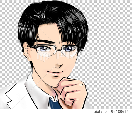 爽やか黒髪イケメンメガネ医師が静かに患者の話を聞くカラー漫画イラストと白背景 爽やか黒髪イケメンメガネ医師が静かに患者の話を聞くカラー漫画イラストと白背景 96480615