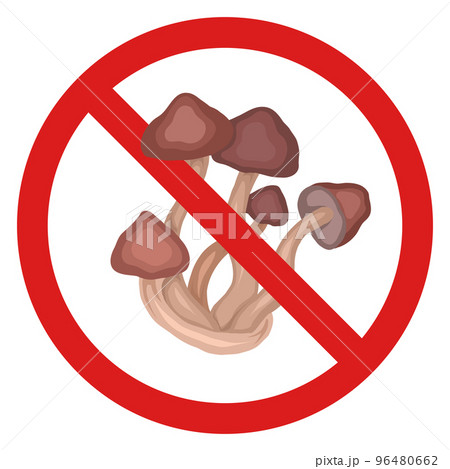 Vector prohibition sign with poisonous mushroom. Russula in the prohibition sign. Do not eat or pick mushrooms Vector prohibition sign with poisonous mushroom. Russula in the prohibition sign. Do not eat or pick mushrooms 96480662