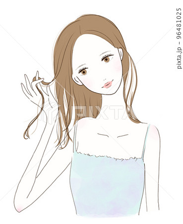 微笑みながら髪の毛を触る女性 96481025