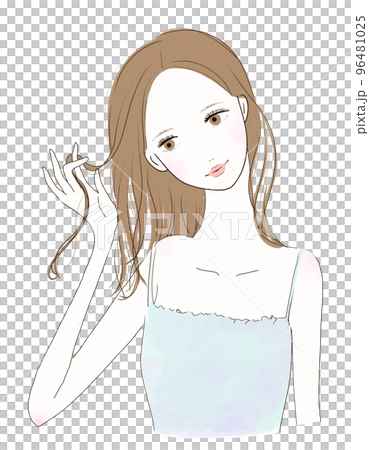 微笑みながら髪の毛を触る女性 96481025