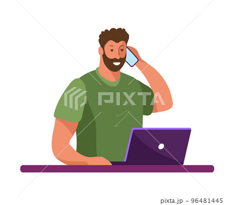 A man works with a laptop and calls on the phone, a call to the support service, remote work from home, a freelancer works in a home office. Flat vector illustration isolated on white background. 96481445