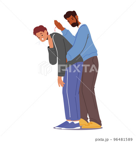 Male Character Doing Heimlich Maneuver To Young Man With Suffocation Due To Obstruction Of Airway With Food 96481589