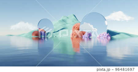 Surreal Beautiful Dream land background. Abstract Dune in winter season landscape with geometric arch. Fantasy island scenery with water and natural cloudy sky. Metallic mirror arch. 3d render. 96481697
