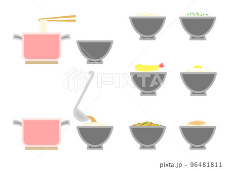 色々なうどんのイラストセット（素うどん、天ぷら、月見、カレー、キツネ） 96481811