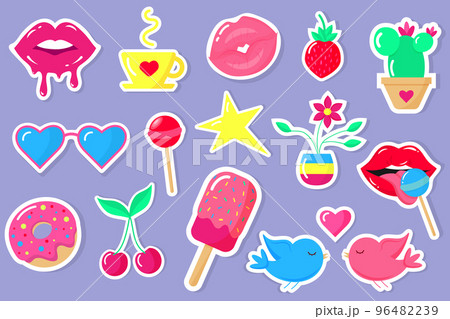 Trendy color patches, stickers and pins in style of 90s.   96482239