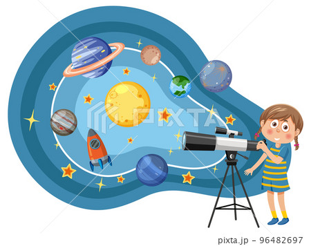 Girl observing planets with telescope Girl observing planets with telescope 96482697