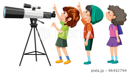 Kids observing the sky with a telescope 96482794