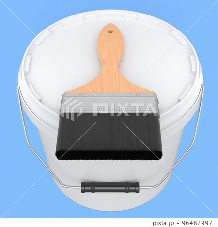 Closed plastic can or buckets with paint bristle brush on blue background. Closed plastic can or buckets with paint bristle brush on blue background. 96482997