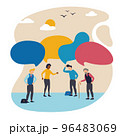 Vector illustration with group of different ages people thinking, talking. Concept of business, communication, partnership, problem solving, innovative business approach, brainstorming 96483069