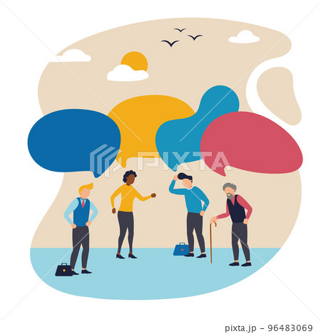 Vector illustration with group of different ages people thinking, talking. Concept of business, communication, partnership, problem solving, innovative business approach, brainstorming 96483069