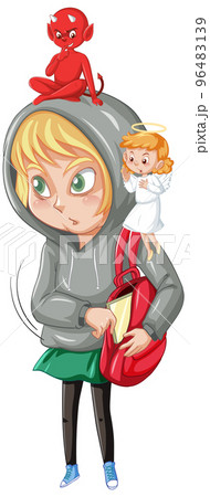 Cartoon character with devil and angel fighting in thought Cartoon character with devil and angel fighting in thought 96483139