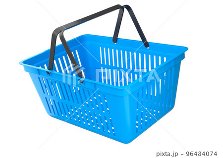 Plastic basket from supermarket for online shopping on white background. Plastic basket from supermarket for online shopping on white background. 96484074