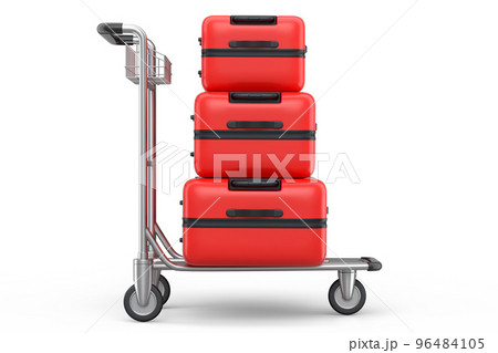 Regular suitcase on hotel trolley cart for carrying baggage on white background 96484105