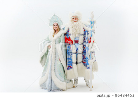 a traditional Father Frost and Snow Maiden costume on a white background. a traditional Father Frost and Snow Maiden costume on a white background. 96484453