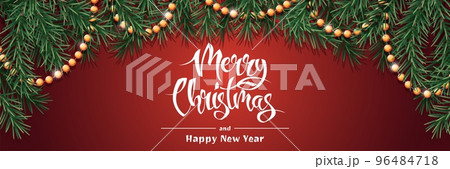 Christmas background with fir branches and garland. Horizontal banner with festive elements. Great for ads, flyers, backgrounds and more. Vector winter background 96484718