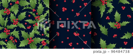 Set of Christmas seamless patterns with holly branches, leaves and berries on a dark background. Christmas mood. Suitable for wrapping paper, wallpaper, textile 96484738