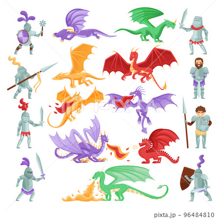 Knight fighting with dragons set. Fantasy fairytale medieval characters cartoon vector 96484810