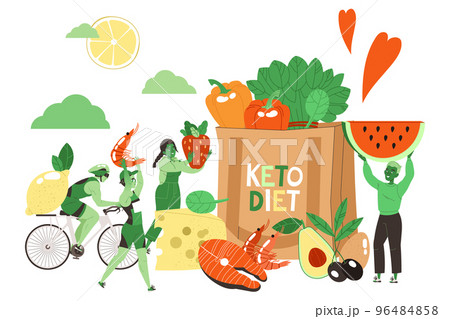 Ketogenic Diet with Male and Female Characters with Balanced Low-carb Food and Vegetables Vector Illustration 96484858