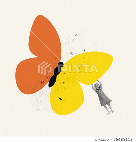 Contemporary art collage. Creative design. Little girl, child playing with butterfly, having fun in summer Contemporary art collage. Creative design. Little girl, child playing with butterfly, having fun in summer 96485112