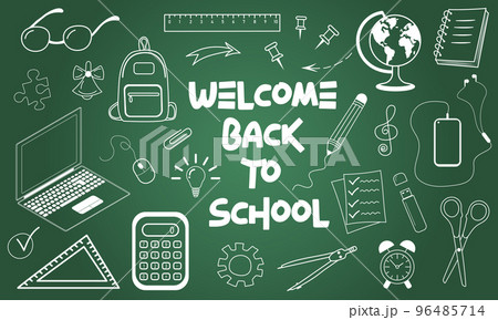 Welcome back to school, chalk-writing text and education icons on chalkboard.  96485714