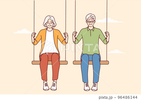 Energetic old couple sit on swings 96486144