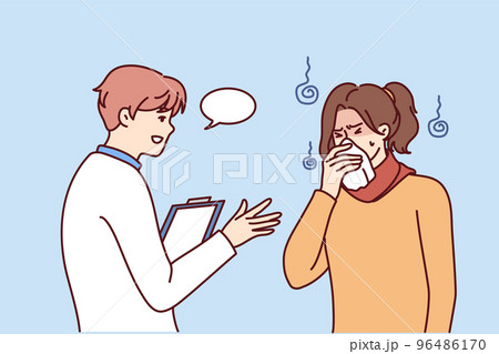Male doctor help sick woman with flu Male doctor help sick woman with flu 96486170