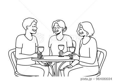 Smiling old people sit in cafe drink wine  96486684
